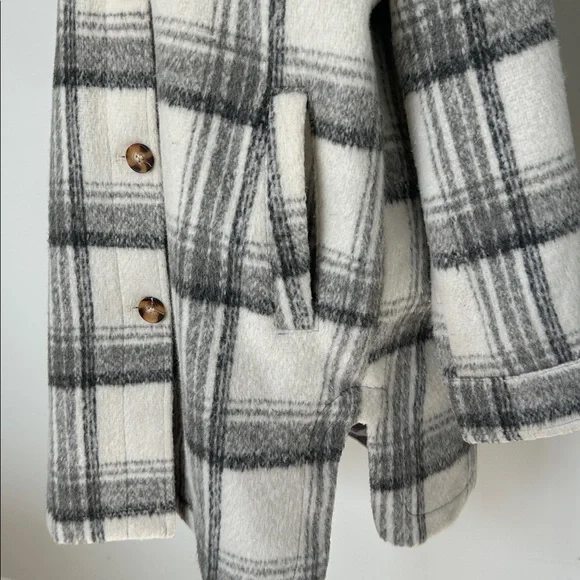 Long Faux Wool Shacket/Jacket Gray & Ivory/White Large Plaid Pattern Lined Large - Picture 4 of 12